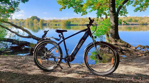 Vid sjön står en stor elcykel