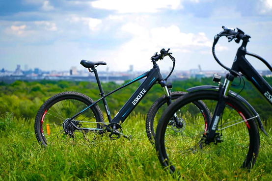 Elcyklar på gräsmattan utomhus