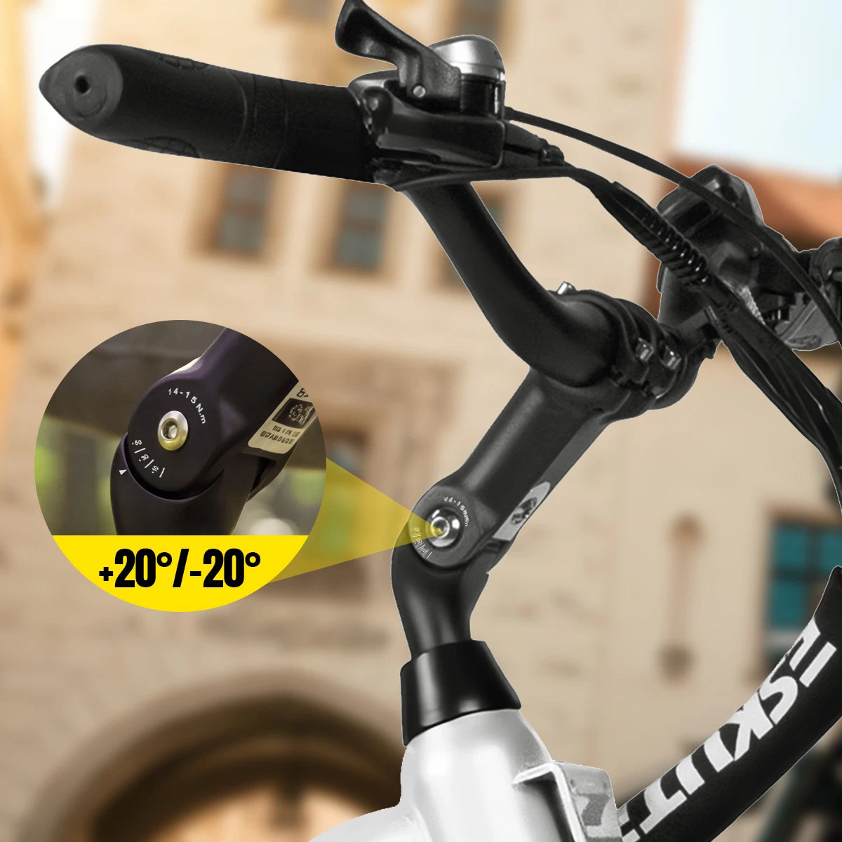 Nahaufnahme des verstellbaren Lenkers am C202 City-E-Bike für ergonomischen Fahrkomfort