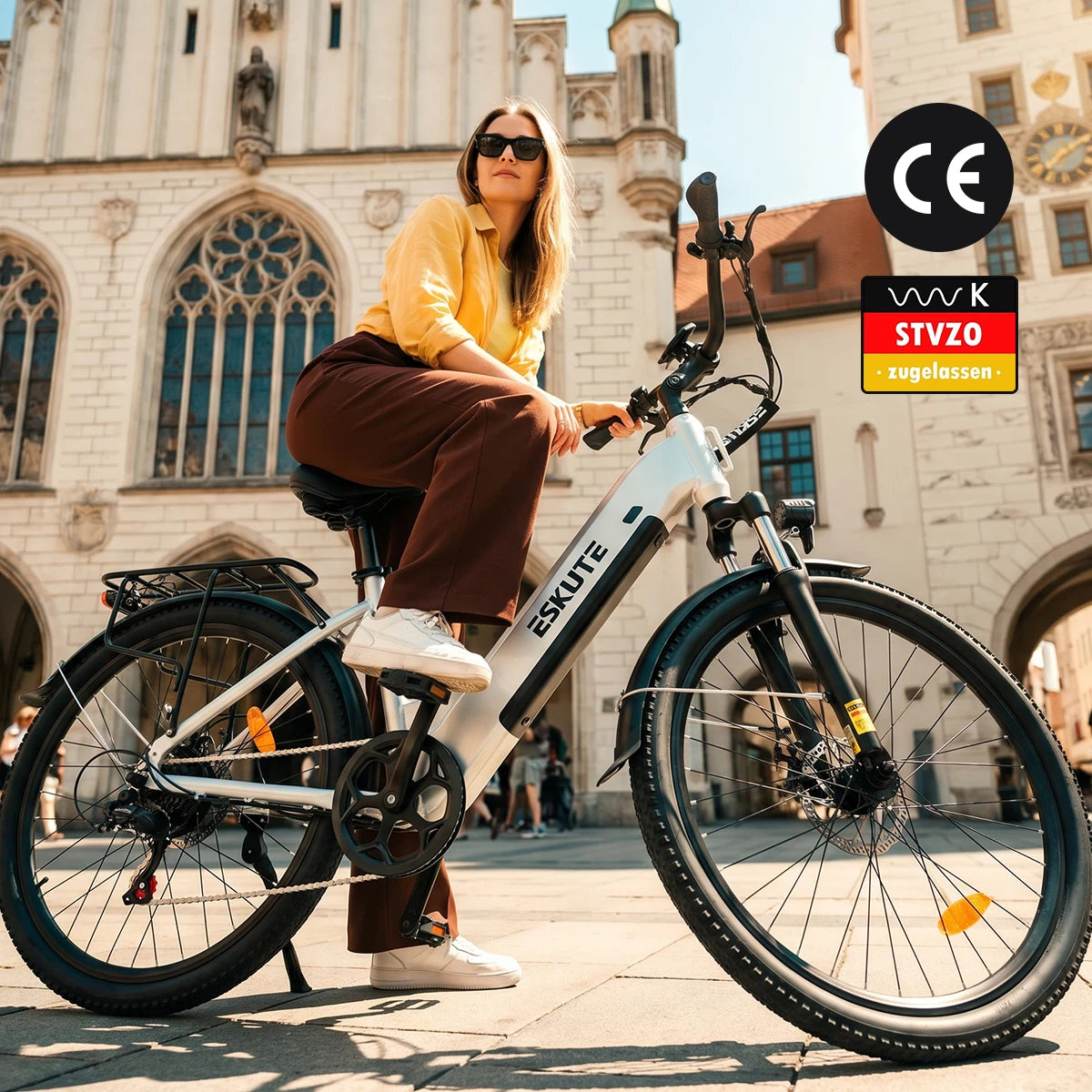 C202 City-E-Bike mit CE- und StVZO-zertifiziertem Akku im städtischen Einsatz