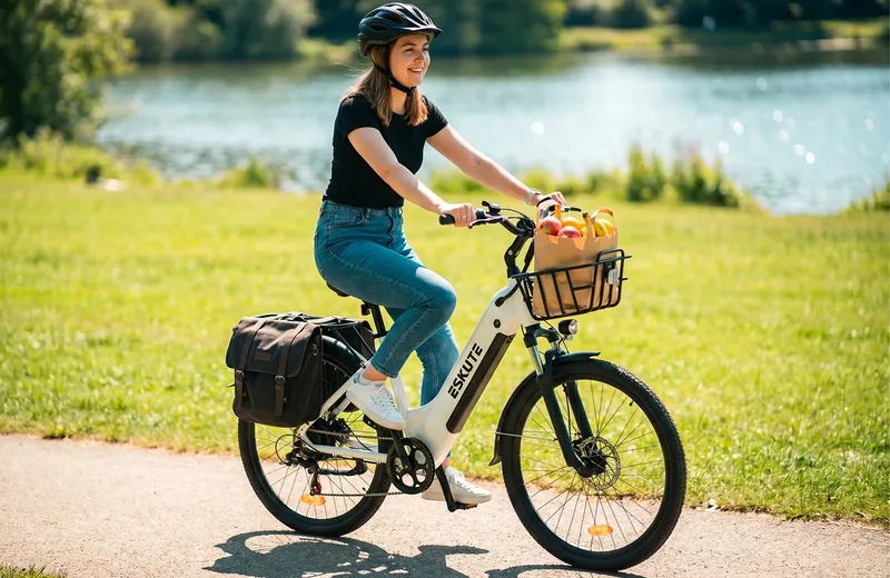 C202 City-E-Bike im Alltag mit Frontkorb und Gepäcktaschen für Einkäufe und entspannte Fahrten am See