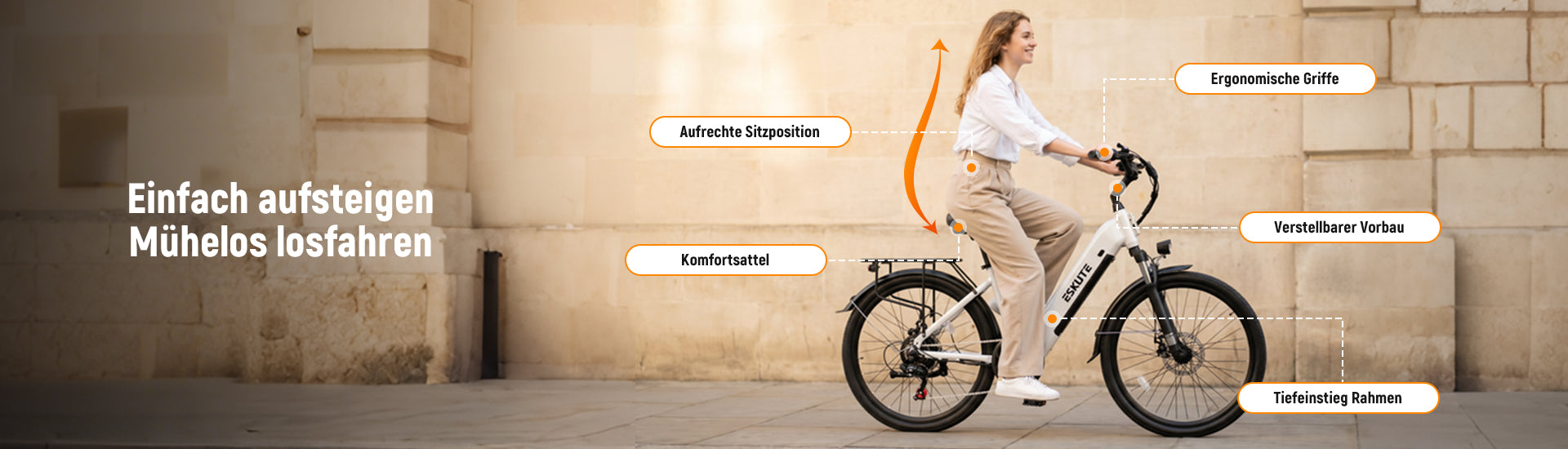 Übersicht der Komfortfunktionen des C202 City-E-Bikes mit ergonomischem Sattel, aufrechter Sitzposition, verstellbarem Lenker und Tiefeinstieg während der Fahrt