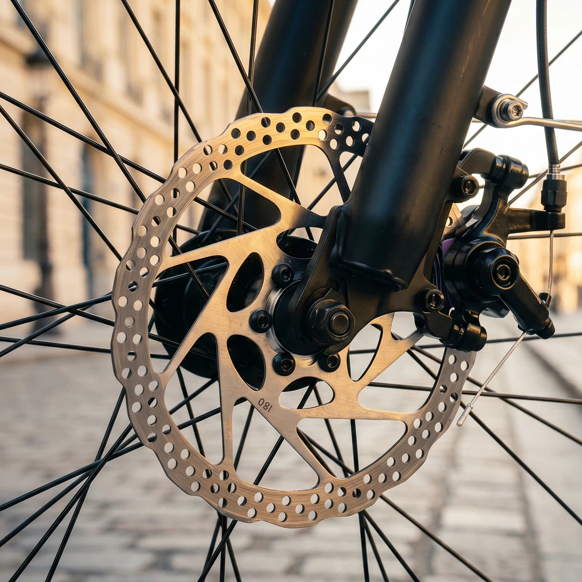Nahaufnahme der doppelseitigen Scheibenbremsen des C202 City-E-Bikes für maximale Sicherheit