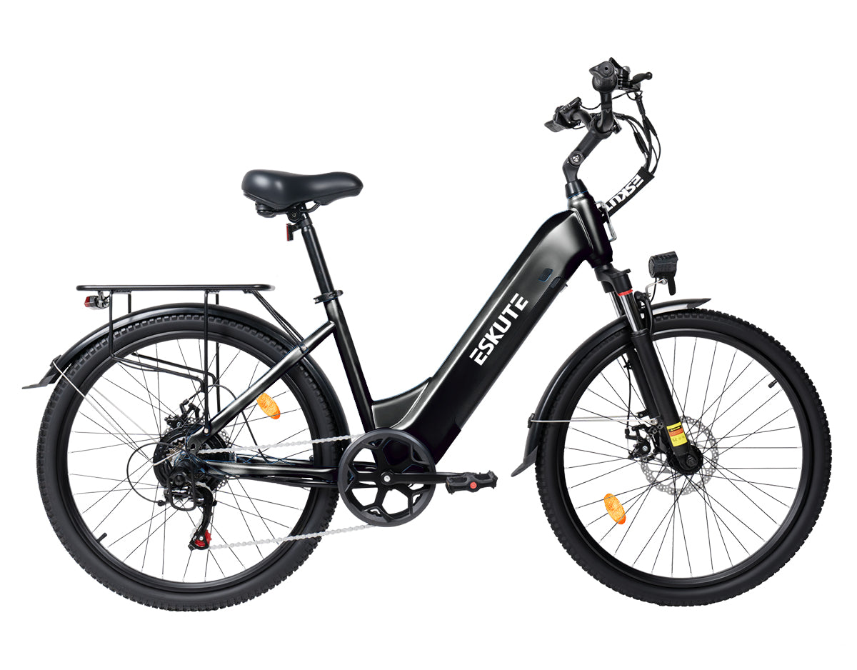 Eskute C202 Schwarz City-E-Bike, Frontansicht für stilvolles städtisches Pendeln.