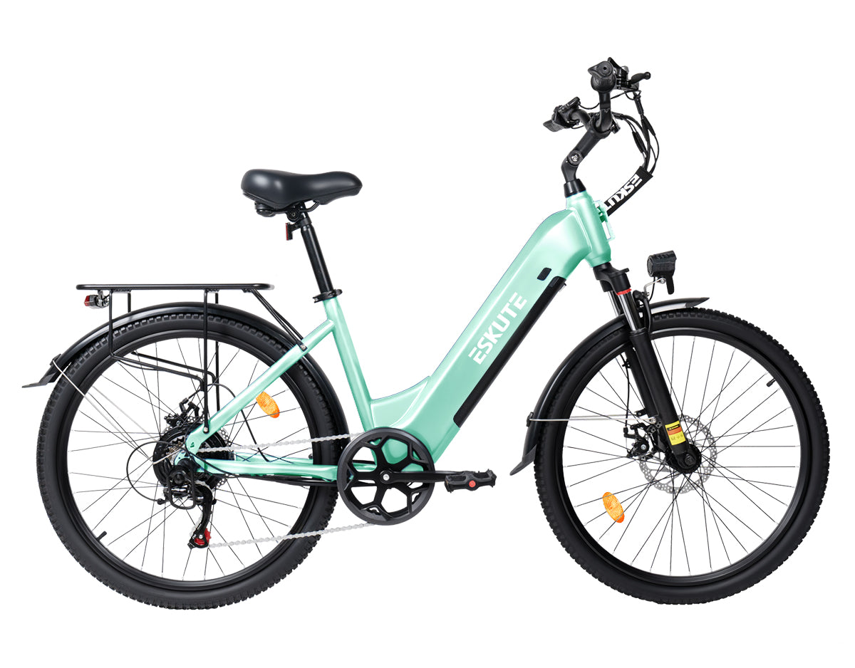 Eskute C202 Grün City-E-Bike, Frontansicht für umweltfreundliche Stadtfahrten.