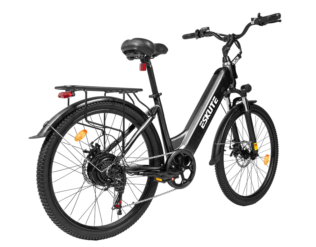 Eskute C202 Schwarz E-Bike, Rückansicht mit integriertem Gepäckträger.