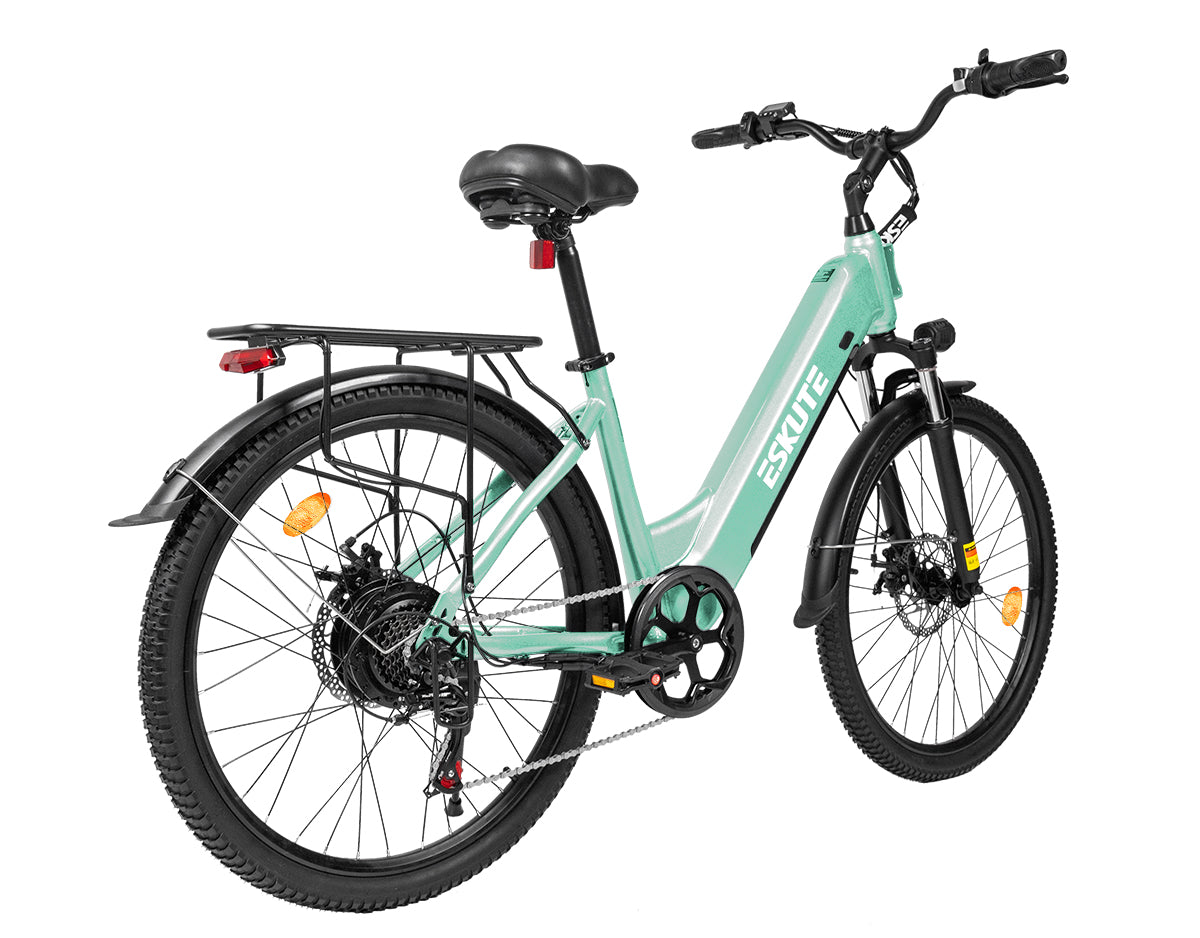 Eskute C202 Grün E-Bike, Rückansicht mit Gepäckträger für urbane Nutzung.