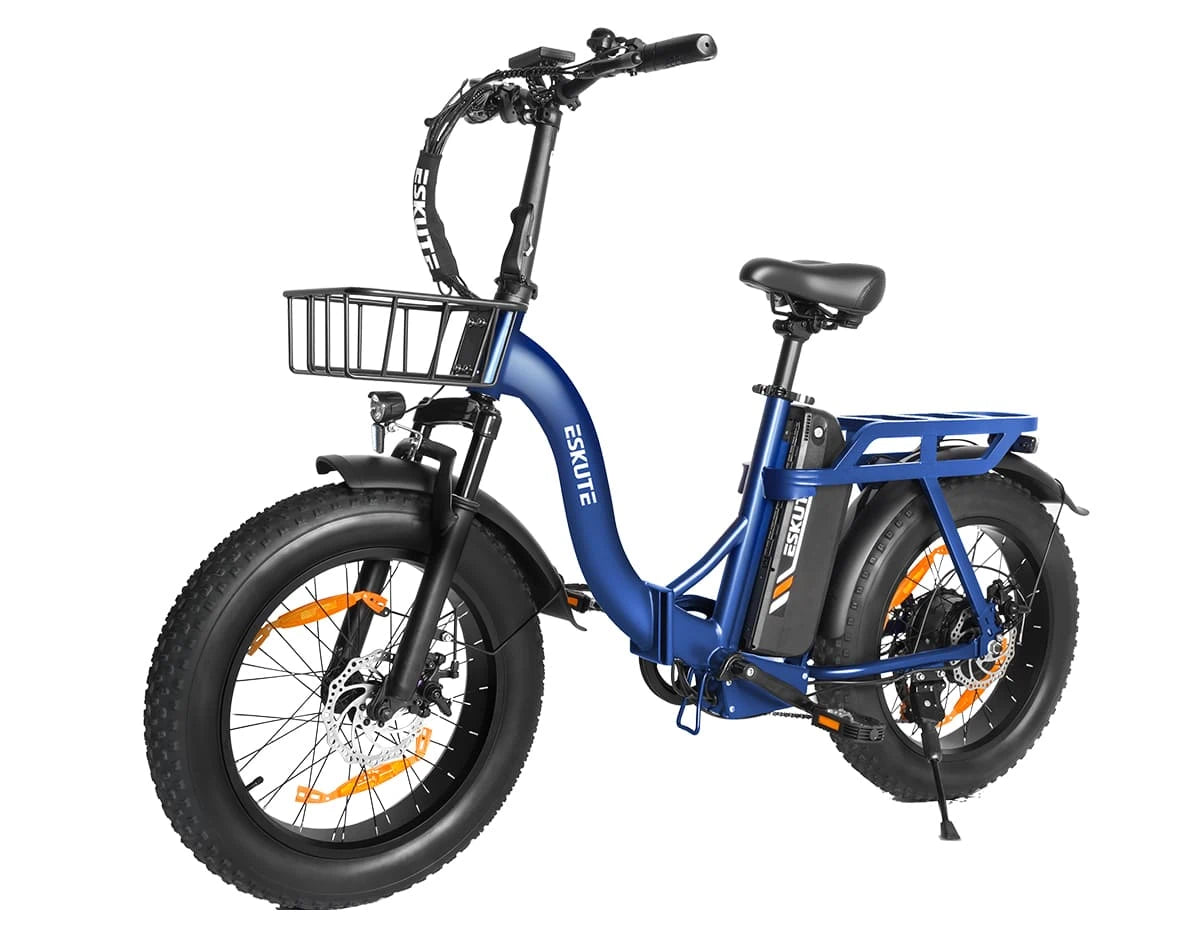 Eskute D202 Klapp-E-Bike in Blau aus schräger Perspektive