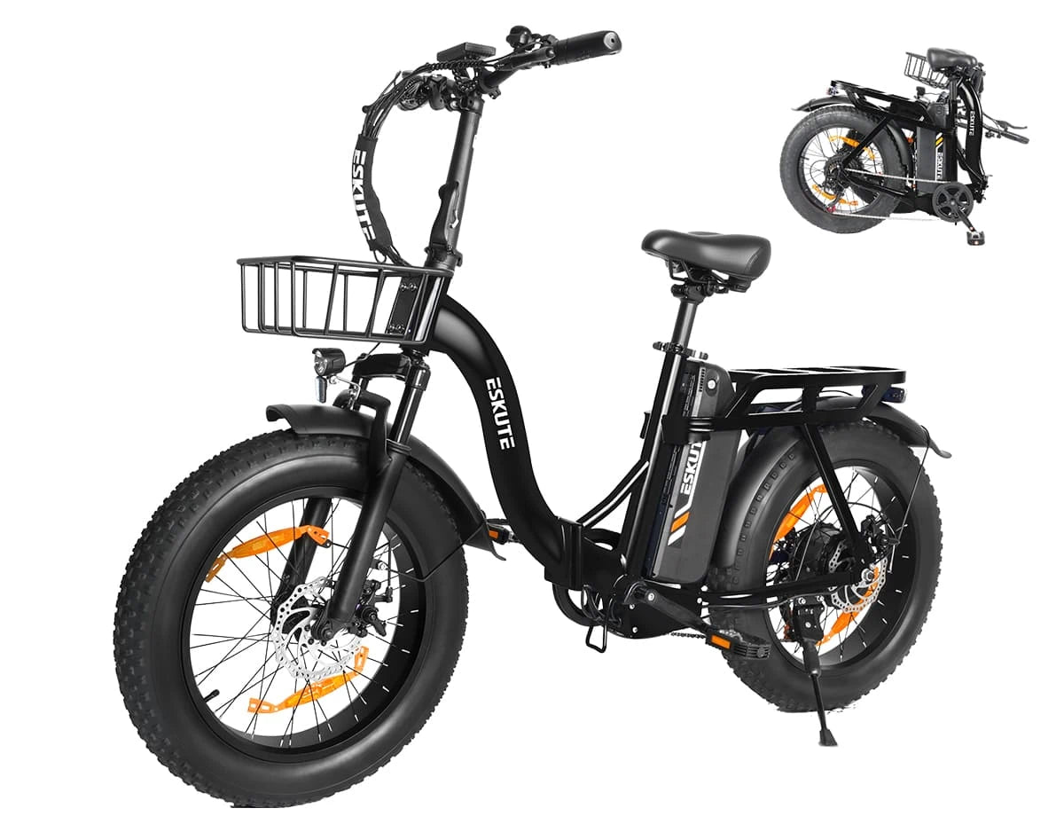 Eskute D202 Klapp-E-Bike in Schwarz mit Blick auf Fahr- und Faltposition
