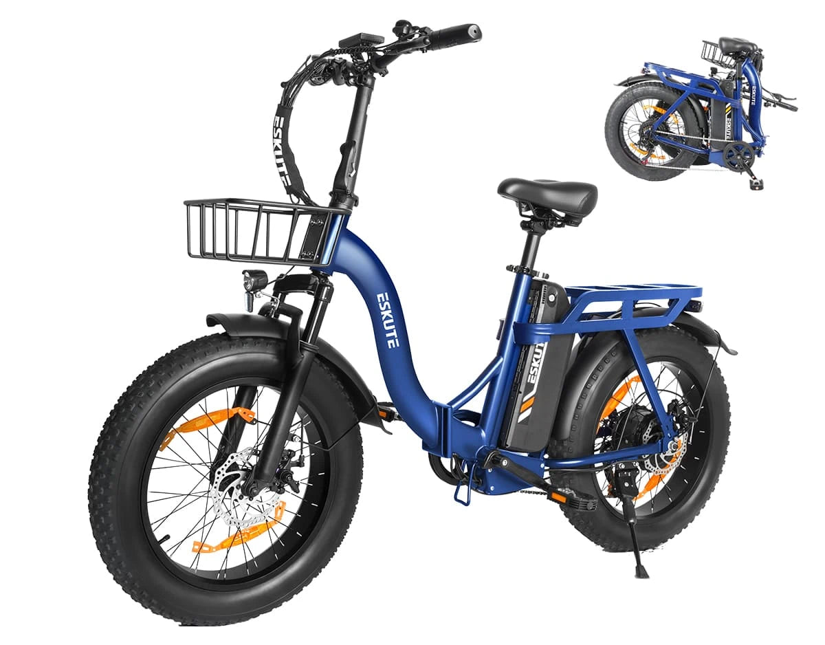 Eskute D202 Klapp-E-Bike in Blau mit Blick auf Fahr- und Faltposition