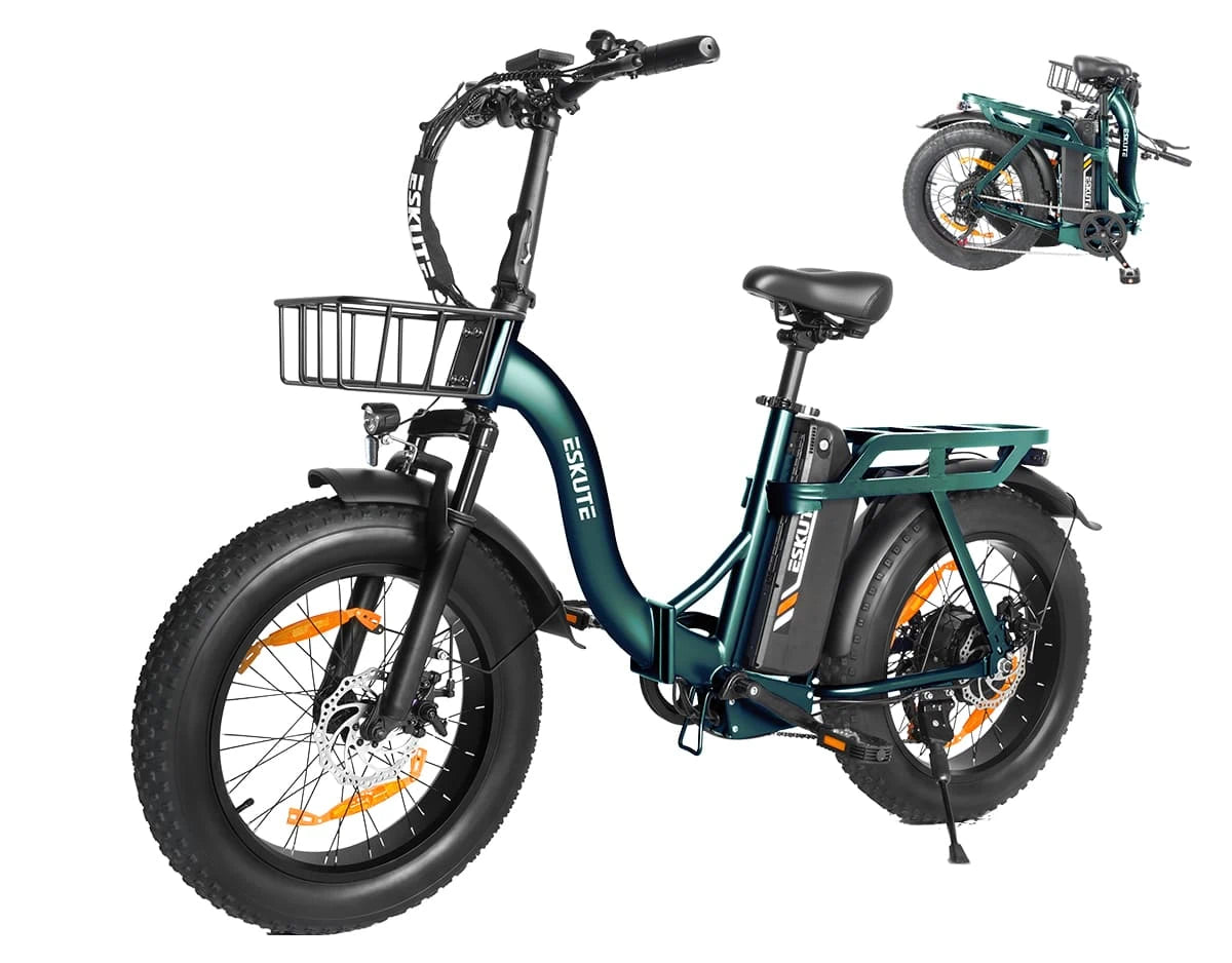 Eskute D202 Klapp-E-Bike in Grün mit Blick auf Fahr- und Faltposition