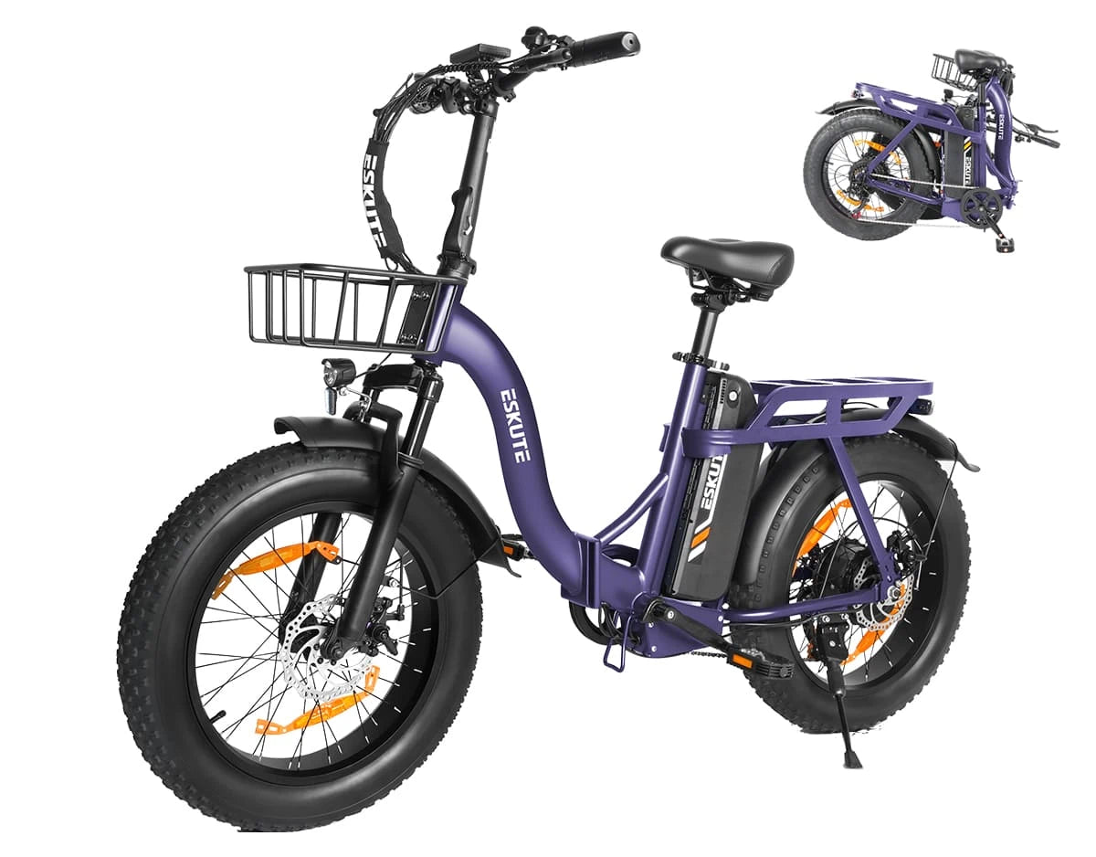 Eskute D202 Klapp-E-Bike in Lila mit Blick auf Fahr- und Faltposition