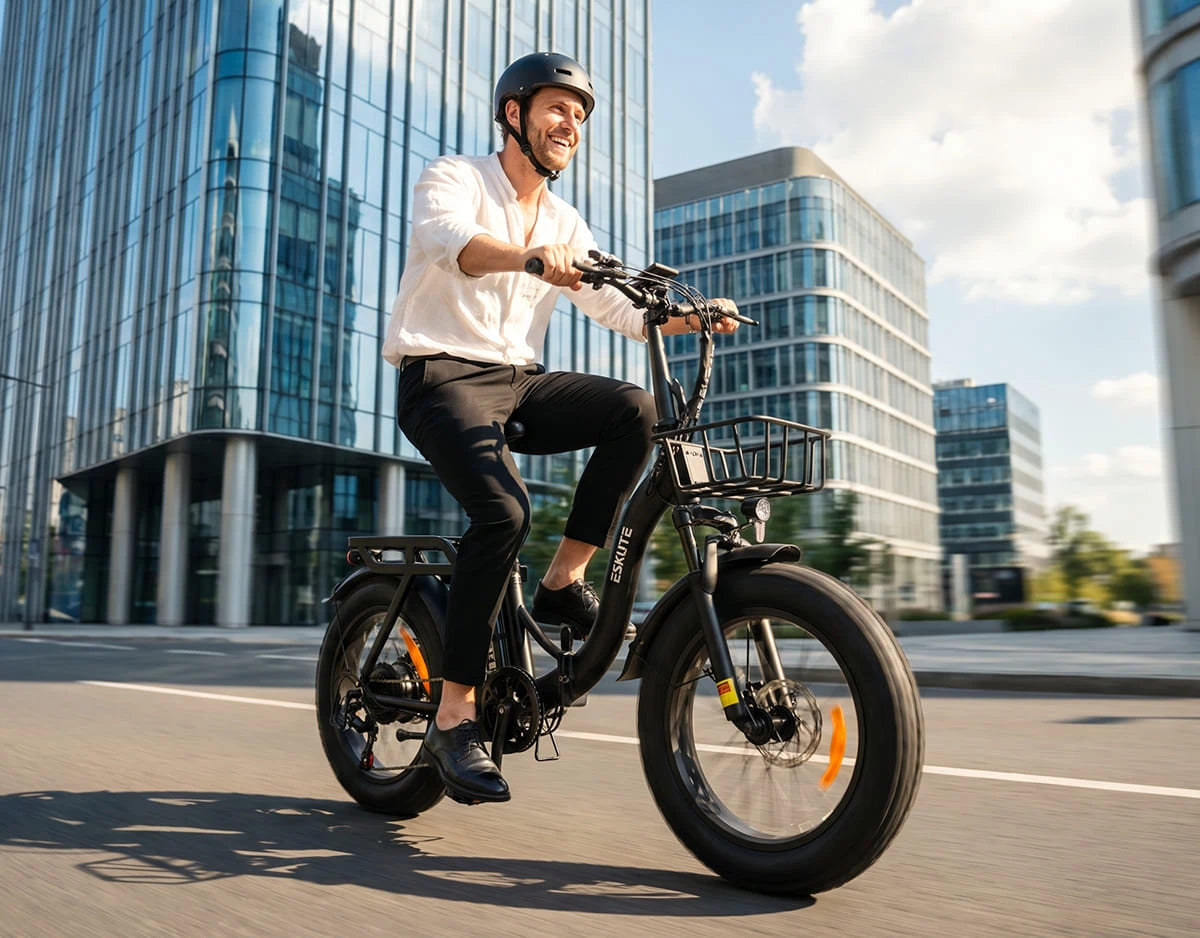 Eskute D202 Klapp-E-Bike in Schwarz im Stadtverkehr beim Pendeln