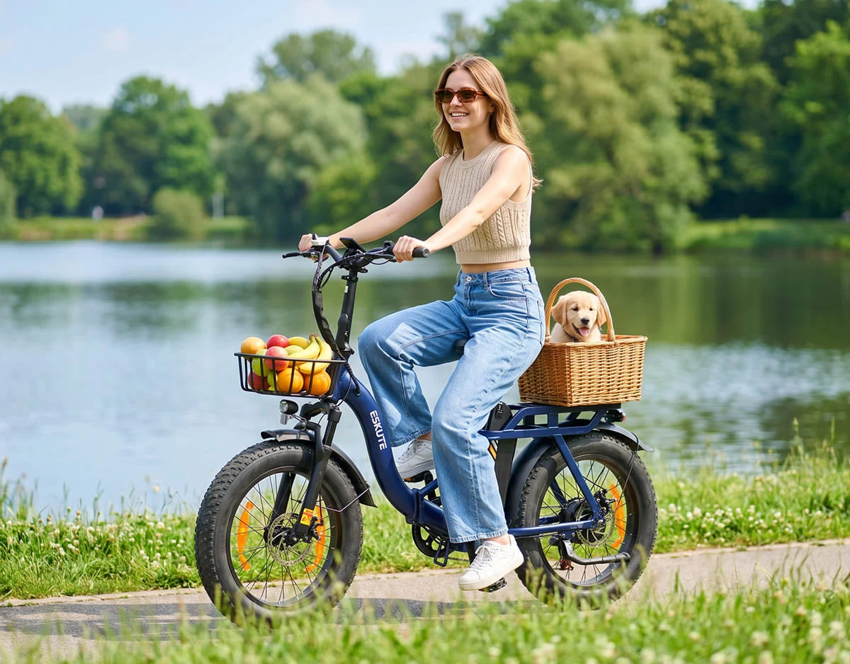 Eskute D202 Klapp-E-Bike fährt auf einem Parkweg am See mit Einkaufskorb und Haustiertransport