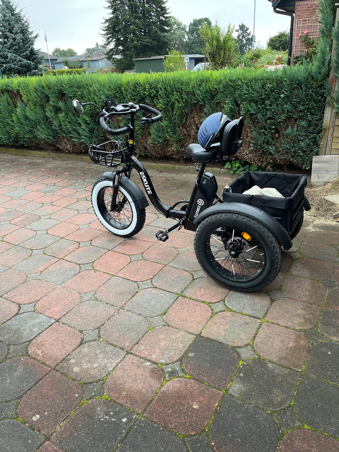 Customer's black Eskute T302 Pro Cargo E-Bike with front and rear baskets, parked on a paved driveway.